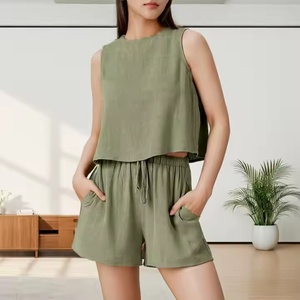 Ensemble deux pièces pour femmes, débardeur court sans manches et short, style bohème décontracté d'hiver, patchwork uni, tissé respirant, automne - Product Image 4