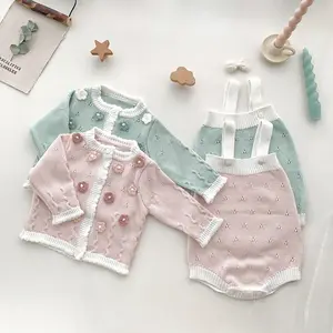 Spring Autumn Newborn Baby Clothes Set Toddler Knitted Romper Sweater Flower Cardigan Clothing Set For Baby Girls