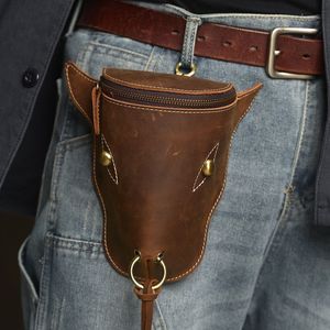 Bull Head Shaped Leather Waist Bag For Men Outdoor Sports Fashionable Crossbody Bag With Zipper And Metal Rings - Product Image 1