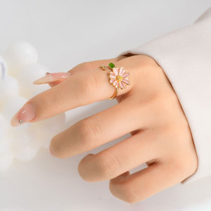 MyMuYu Pink Daisy Open Ring Enamel Flower Adjustable Band For Women Gift Jewelry - Product Image 2