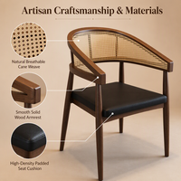 Fauteuil de salle à manger en bois avec dossier en rotin pour restaurant, hôtel, café, siège rembourré noir, chaise d'appoint de style moderne du milieu du siècle