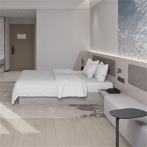 Economical Hotel <b>Bed</b> Sets Custom <b>Queen</b> King <b>Size</b> Fabric Upholstered Wooden <b>Bed</b> Frame with Wall-Mounted Headboard & Bedside Table - Product Image 2