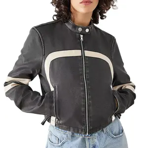 高品质人造革短款自行车夹克赛博朋克酷女孩彩色对比拉链户外皮革休闲夹克