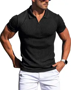 Camisa polo masculina de gola v, sólida, manga curta, esticável, slim fit, para golfe