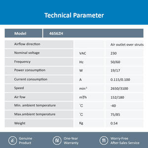 Ventilador Axial de Refrigeración con Rodamiento de Bolas para 4656ZH, 120x120x38mm, 160m3/h, 230VAC, 5.7/5.4W, 120mA, 2650RPM, OEM - Product Image 3