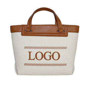Custom Logo Canvas Tote <b>Bag</b> <b>Women</b> Ladies Large Capacity <b>Leather</b> Trim Handle Checkered Letter Design Shoulder Handbag <b>Work</b> <b>Bag</b> - Product Image 1