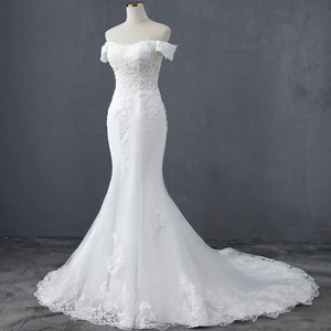 Off Shoulder Mermaid Wedding Dress White Lace Sweetheart Neckline Train Slim Fit Bridal Gown - Product Image 1