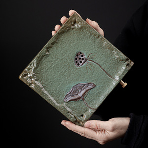 Vassoio da Tè in Ceramica Vintage Giapponese, Base per Teiera Smaltata in Ferro, Doppio Uso per Conservazione Acqua e Drenaggio, per Caffè e Tè - Product Image 2