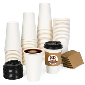 Gobelets à café en papier blanc 16oz avec couvercles et manchons, jetables, à paroi simple, pour boissons chaudes, lot de 80 - Product Image 1