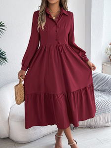 Robe chemise longue décontractée à col halter, manches longues, volants, couleur unie, taille naturelle, respirante, écologique, boutonnée, pour l'été - Product Image 6