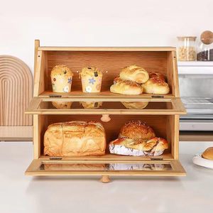 Boîte à pain en bambou à 2 niveaux avec porte en verre, organisateur de rangement pour comptoir de cuisine, pour pain, pâtisserie, aliments - Product Image 3