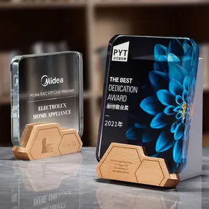 Wholesale K9 Crystal Glass Trophy Wood Base Color Printing Awards Wooden Plaque Custom Design Awards As Souvenir Gifts