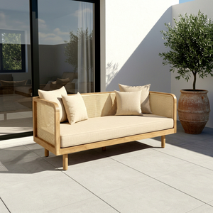 Canapé moderne et durable en teck et rotin pour l'extérieur, deux places, imperméable, pour patio, balcon, jardin, hôtel, terrasse et cour - Product Image 1