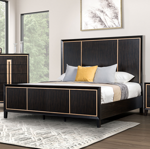 Modern Adjustable Convertible Soft <b>Bed</b> <b>Queen</b> <b>Size</b> Espresso High Panel Headboard with Gold Accent Trim - Product Image 5