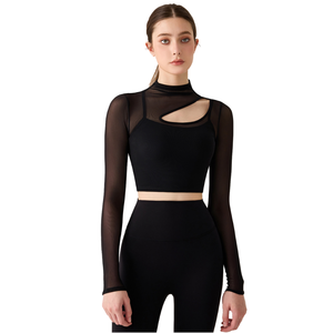 Camiseta de malla transpirable de manga larga con cuello alto pequeño y diseño hueco, estilo deportivo, sexy y a la moda, para yoga - Product Image 5