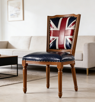 Chaise de salle à manger de style britannique avec motif Union Jack, cadre en bois massif et cuir bleu imperméable et durable pour le mobilier de maison