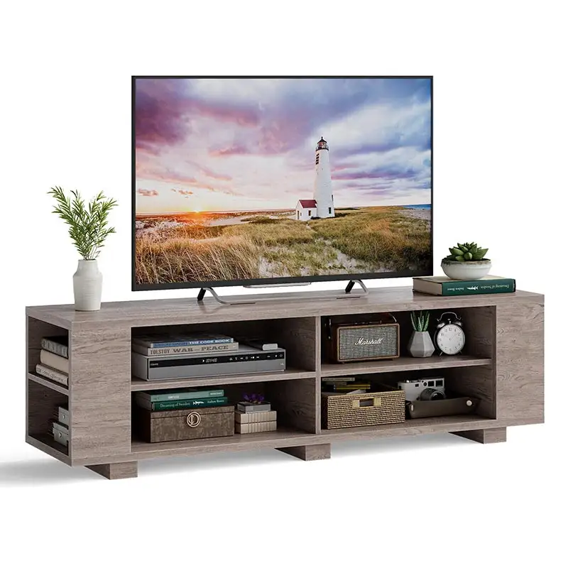 Mueble de TV de madera Consola Almacenamiento Entretenimiento Centro multimedia con estantes Gris