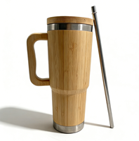 Mug à café isotherme en acier inoxydable à double paroi de 30 oz avec couvercle, paille et poignée en bambou, pour gravure laser, en stock aux États-Unis