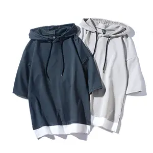 เสื้อสเวตเตอร์แขนสั้นมีฮู้ดสำหรับผู้ชาย,เสื้อสเวตเตอร์แบบลำลองเสื้อคลุมมีฮู้ดย้อมสีพื้นบริการ OEM ขนาดใหญ่พิเศษสำหรับฤดูร้อน - Product Image 1