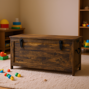 Banco de almacenamiento de madera rústica marrón de 39.4 pulgadas con bisagras de seguridad y asas laterales para sala de juegos y muebles del hogar - Product Image 2