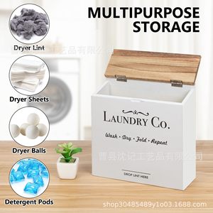 Laundry Co. <b>Magnetic</b> Storage Box Wall Mounted Rectangular Off White With Wooden Lid For Laundry Pods And Dryer <b>Sheets</b> - Product Image 4