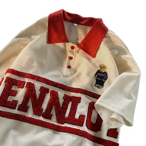 Abbigliamento Sportivo OEM, T-Shirt in Ciniglia con Ricamo Leopardato, Collo Alto Unisex in Cotone, Streetwear da Uomo, Maglia a Nido d'Ape a <span class=keywords><strong>Maniche</strong></span> <span class=keywords><strong>Corte</strong></span> Oversize 220 - Product Image 1