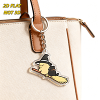 Porte-clés en acrylique « Witch Chick & Black Cat on Broomstick » au design Halloween, pendentif découpé transparent avec anneau métallique pour clés ou sacs