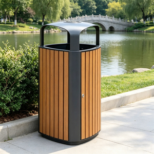 Bote de Basura Rectangular de Acero para Exteriores con Tapa Impermeable y Borde de Madera, <span class=keywords><strong>Sin</strong></span> Tapa, para Uso en Interiores/Exteriores - Product Image 4