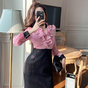 Personnaliser la conception pailletée française <span class=keywords><strong>volant</strong></span> col en V rose brillant et <span class=keywords><strong>robe</strong></span> noire découpée <span class=keywords><strong>robe</strong></span> <span class=keywords><strong>droite</strong></span> Slim Fit - Product Image 2