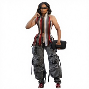 Fashion Streetwear Square Woven Hollow Sexy Sleeveless Backless Color Block Corset Zipper <b>Patchwork</b> Tube Crop <b>Top</b> Women's Tank - Product Image 3