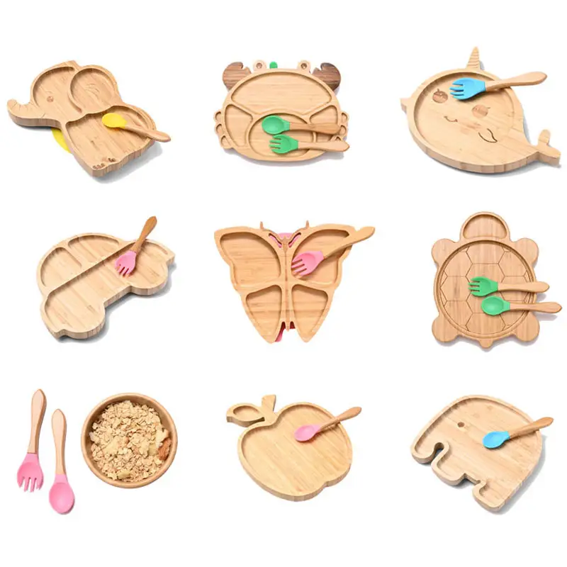 Обеденные тарелки с логотипом на заказ, лиса, овечка, кролик, слон, обезьяна, Лев, коала, детские бамбуковые тарелки с животными для малышей