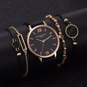 5Pcs Set Top Stijl Mode Luxe Lederen Band Analoge Quartz Dress Reloj Mujer Zwarte Klok Dames Horloges