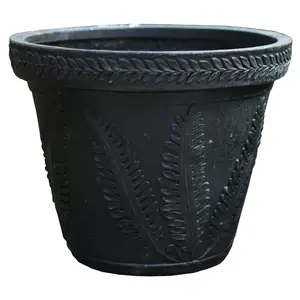 Glasvezel Materialen Urn Planter Zwart Stapelbaar Ronde Outdoor Planter Urn Met Blad Reliëf Geschenken En Ambachten