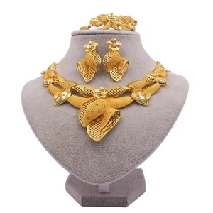 Collier de luxe plaqué or 24k, bague, Bracelet et boucles d'oreilles, bijoux pour mariage 4 pièces/ensemble