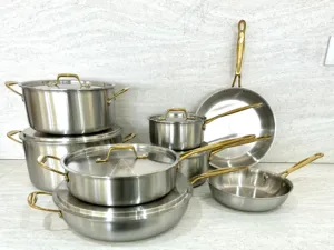 Luxury Triply 18/10 Stainless Steel Cookware Set Kitchen Soup Pot Kitchen Cookware Stock Pot Saucepan With Golden Handle