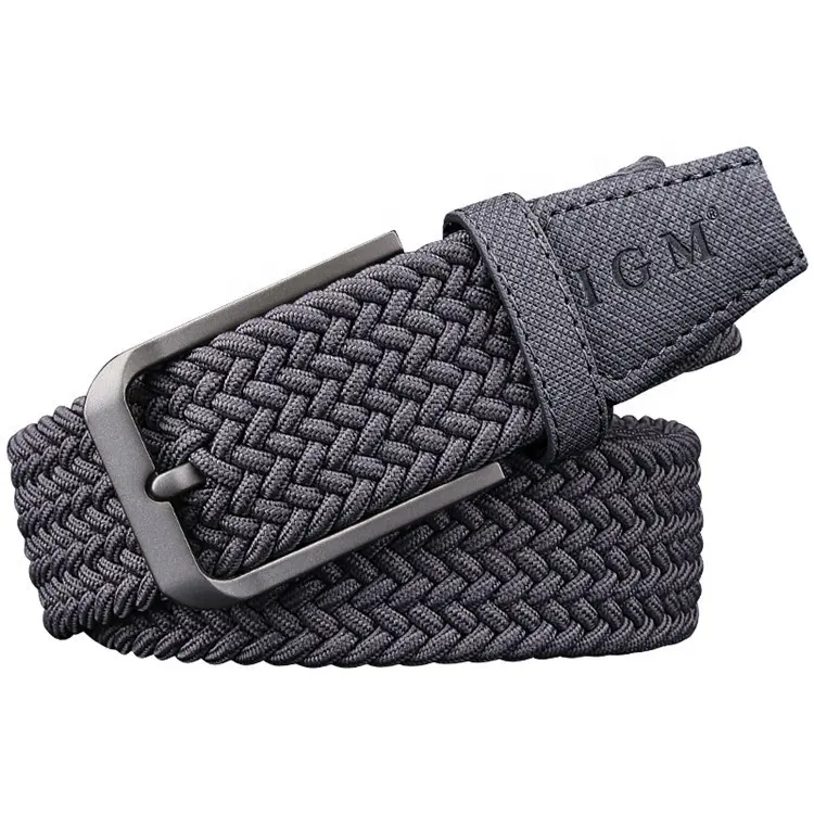 IGM logotipo personalizado de los hombres ajustable negro trenzado de cuero elástico punta final cinturón estiramiento elástico