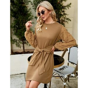 Womens Business Casual Dress Long Sleeve Tie Front Knee Length Ribbed Knit Fit And Flare Career Dress - Product Image 2