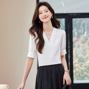 Light Green Chiffon Blouse Women V Neck Short Sleeve Solid Color Elegant Shirt Everyday Wear Polyester Fabric - Product Image 2