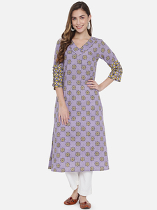 Ensemble Kurti pour femme, violet à motifs floraux, imprimé à la main, col en V, manches longues, avec broderie, coupe ample, style décontracté toutes saisons - Product Image 1
