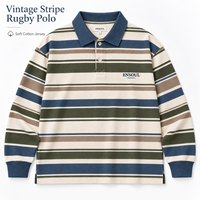 T-shirt à col avec logo brodé personnalisé pour homme, jersey en coton lourd 300 GSM, rayures teintes en fil, manches longues, streetwear décontracté