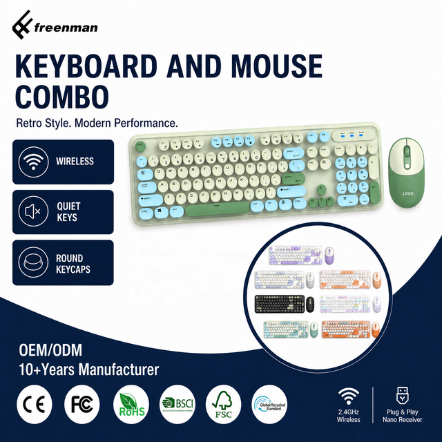 Hot Sale Cute Colorful 104 Keys Full-Size Round Keycap Wireless Keyboard Mouse Combo Office Computer PC Laptop