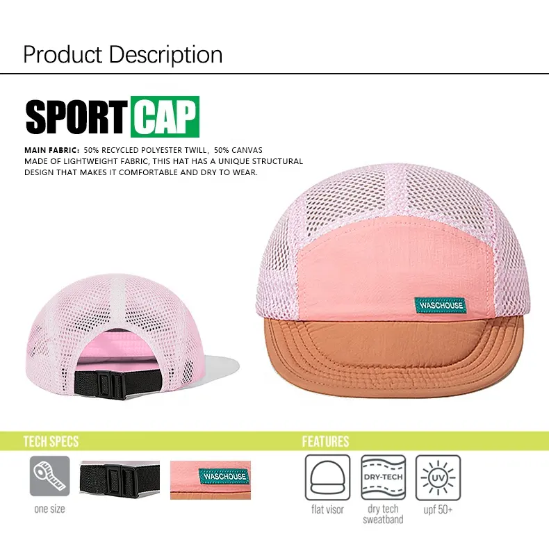 Chapéu esportivo respirável com logotipo personalizado de malha com 5 painéis, chapéu dobrável de secagem rápida, gorras macias e dobráveis para corrida e acampamento [Folha livre]