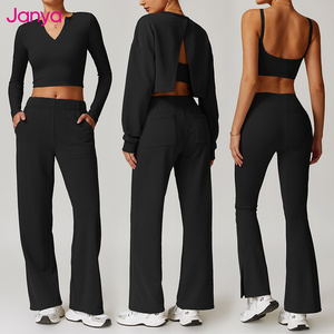 Abbigliamento sportivo Casual a vita alta pantaloni a gamba larga a manica lunga <span class=keywords><strong>sport</strong></span> Top <span class=keywords><strong>2</strong></span> pezzi tuta da allenamento abbigliamento Yoga Set Fitness da palestra Set da donna - Product Image 5