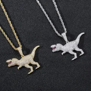 Blues Hip-hop jewelry New Real Gold Copper Micro paved cubic Zircon cute dinosaur Pendant Animal dinosaur Necklace