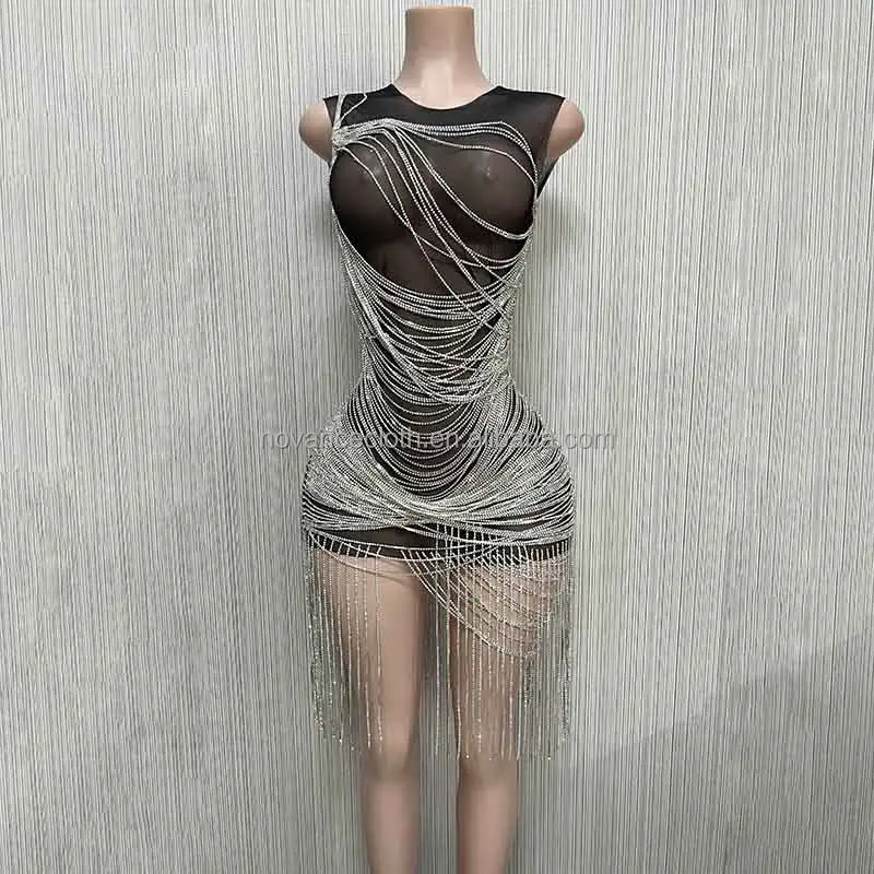 새로운 디자인 2022 반짝이는 다이아몬드 체인 섹시 블랙 메쉬 페르시 가운 미니 여성 드레스 저녁 파티