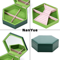 Boîte à bijoux hexagonale en cuir PU avec miroir, organisateur double couche en velours pour bagues, boucles d'oreilles, colliers, rangement de voyage, logo personnalisé