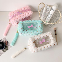 Trousse à crayons en peluche couleur bonbon style coréen pour trousse de toilette, sac de maquillage portable pour étudiant, sac de rangement à fermeture éclair avec nœud papillon pour papeterie