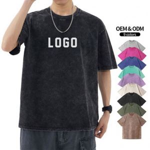 Wholesale Acid Wash Graphic Custom T-Shirt for Men Heavy Weight Knitted Oversized Black Vintage Washed Tee - Product Image 1