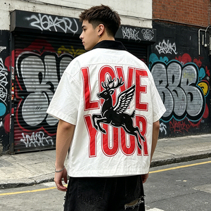 T-shirt oversize zippé à manches courtes pour <span class=keywords><strong>homme</strong></span>, style universitaire, streetwear d'été, avec imprimé graphique audacieux sur toute la surface et col contrastant - Product Image 6