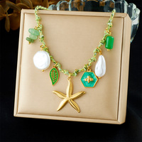 Collar de Cadena de Bambú de Acero Inoxidable Chapado en Oro de la Serie Ocean Element, con Colgante de Estrella de Mar, Tortuga, Concha, Vida Marina, Unisex